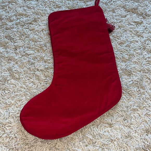 VINTAGE SANTA CLAUS CHRISTMAS STOCKING CROSS STITCH HANDMADE USA RED - Picture 7 of 12